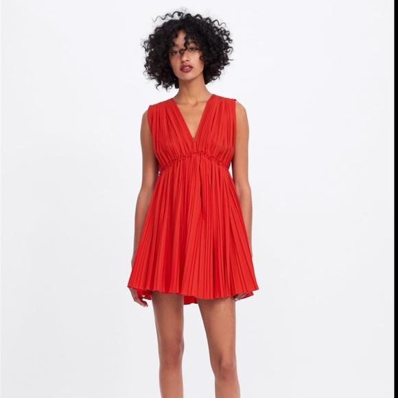 ZARA RED PLEATED POPLIN DRESS - Picture 2 of 2
